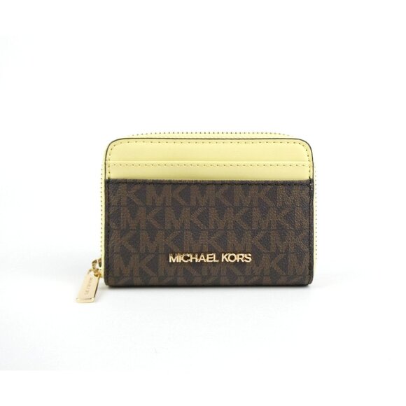 Michael Kors Jet Set Brown Yellow Medium Logo Zip Around Card Wallet NWOT - Picture 1 of 9